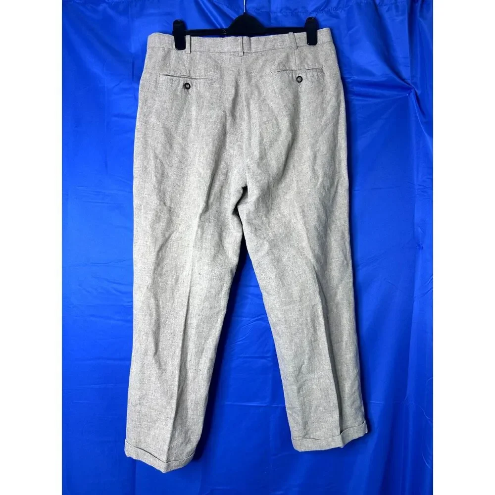 Vtg Mens Tan Linen Trousers Sz 36M Capsule Office Neutral Classic Summer Cotton